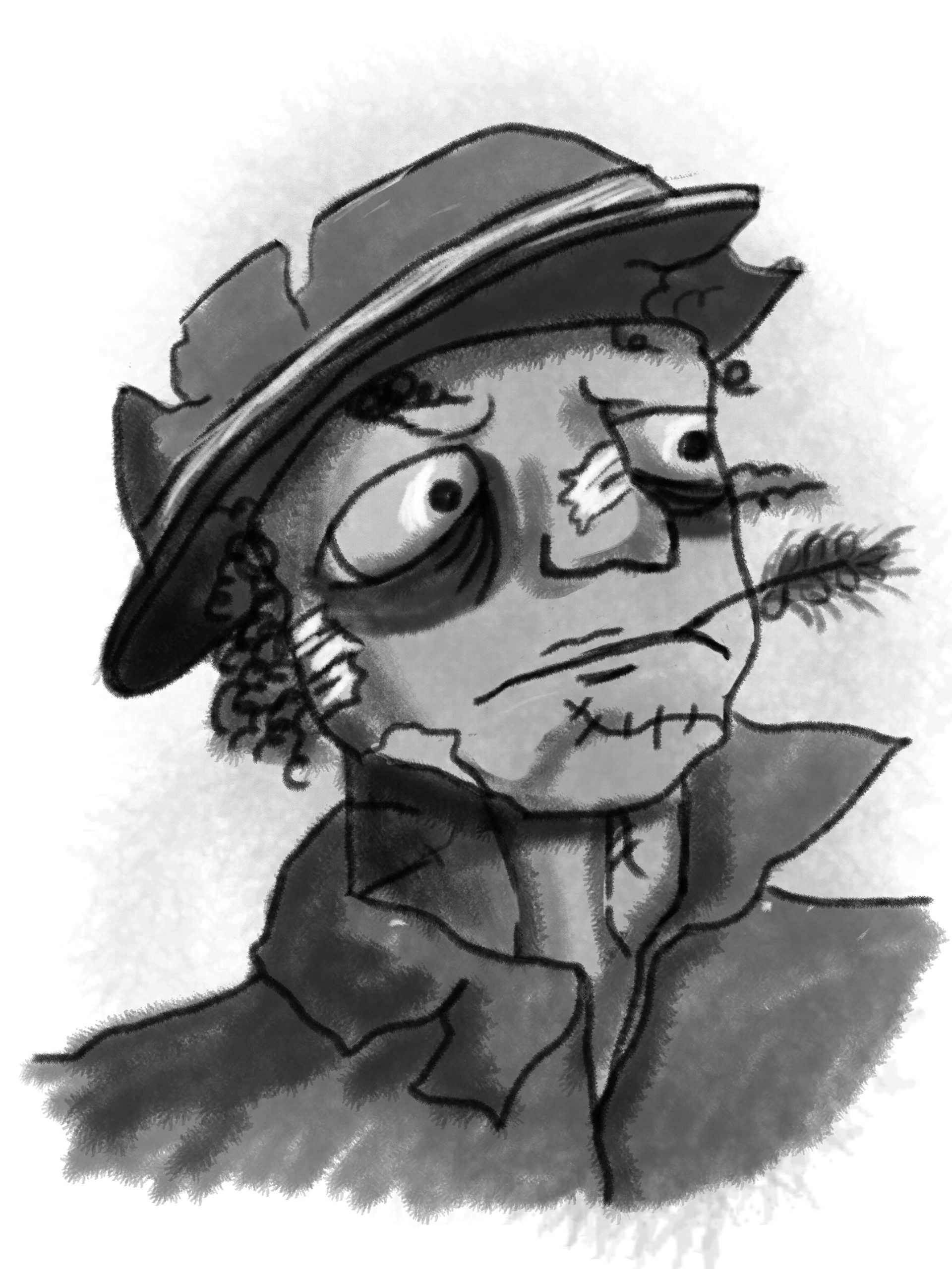 Older zombie wearing a battered hat and chewing a stem of grass.