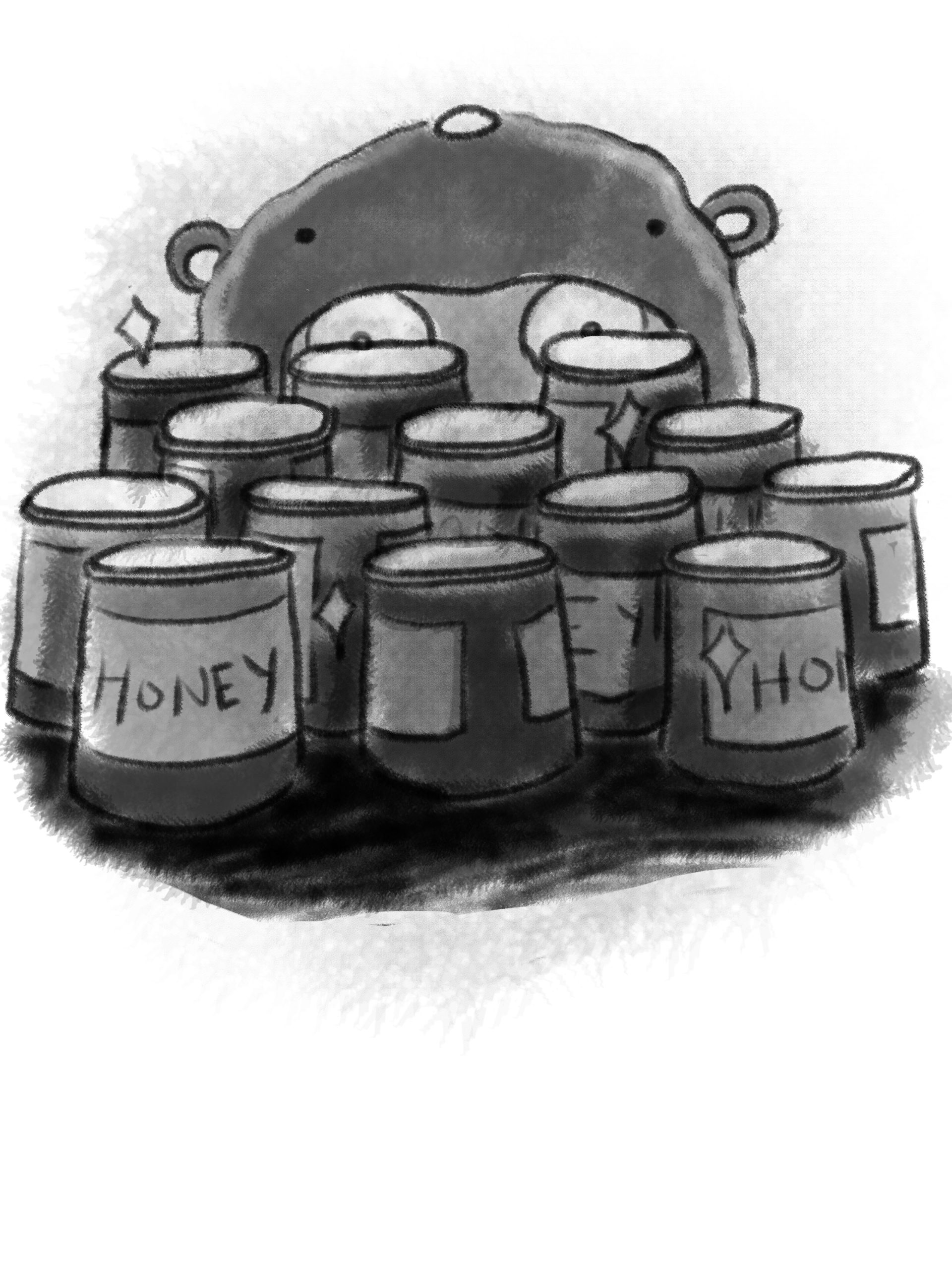 Moldylocks staring at jars of honey.