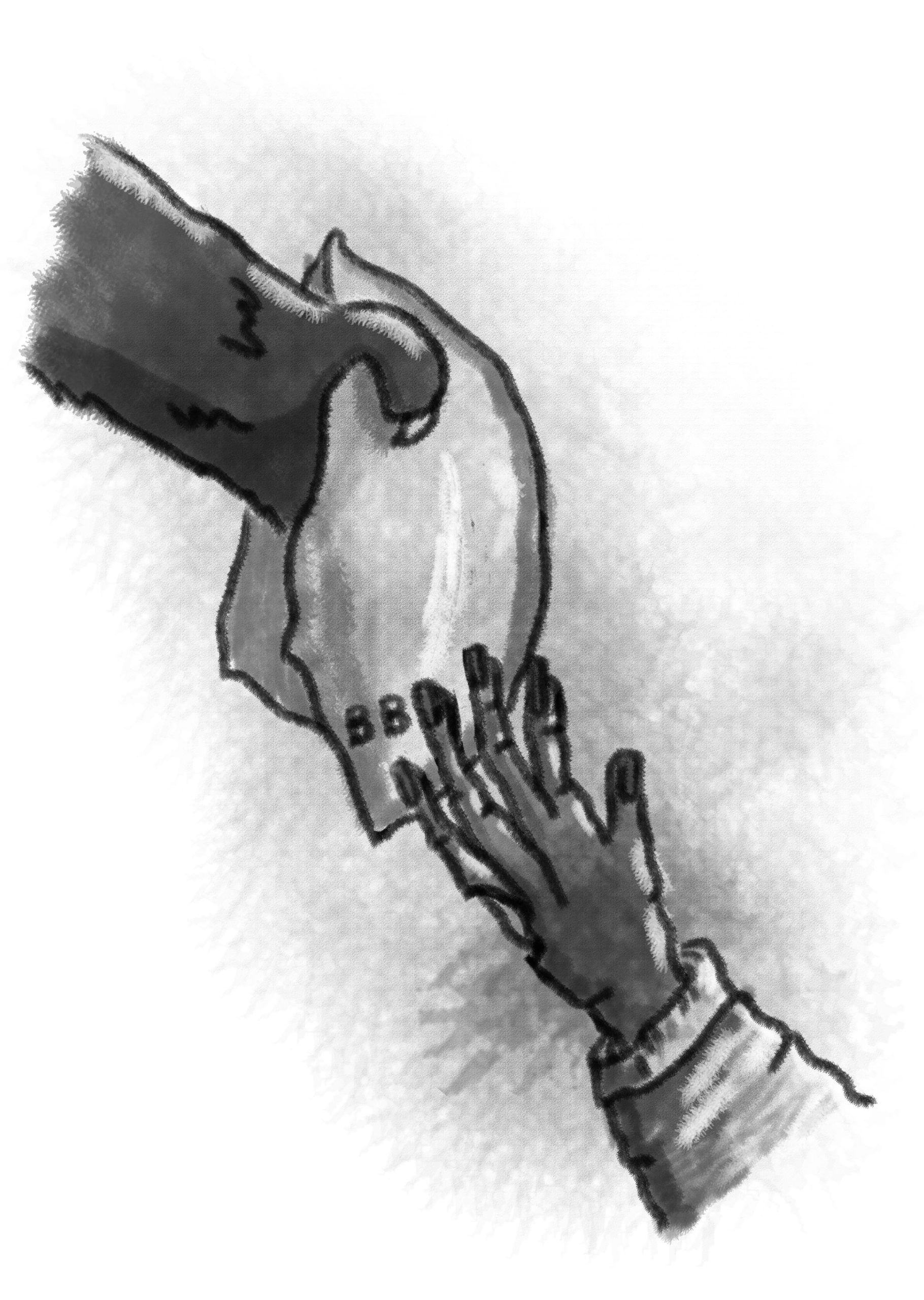 Illustration of a bear paw giving a handkerchief to a zombie hand.