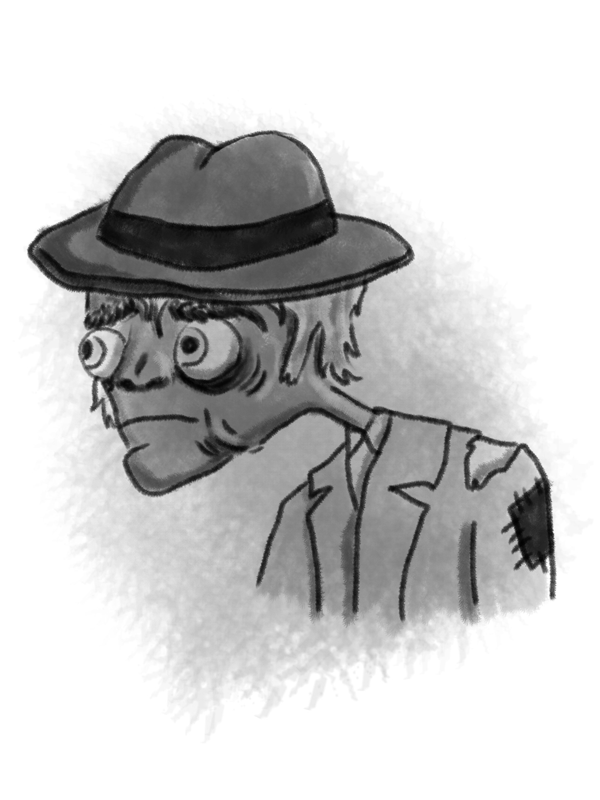 A weary man-zombie wearing a fedora hat.