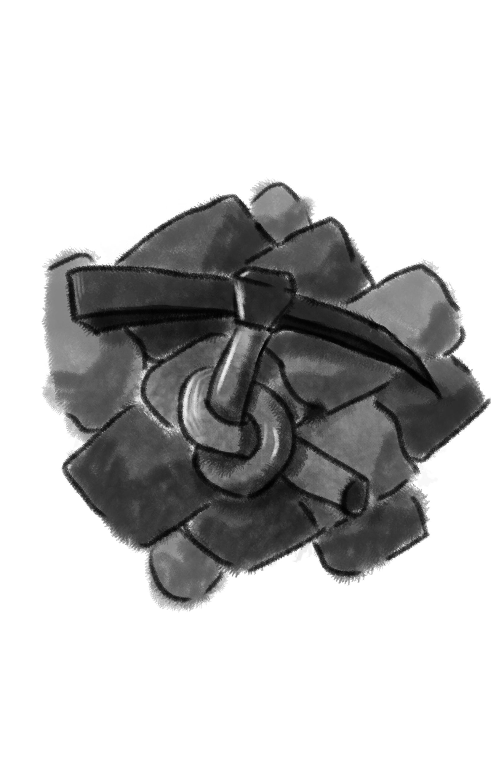 A pickaxe with its handle tied in a knot.