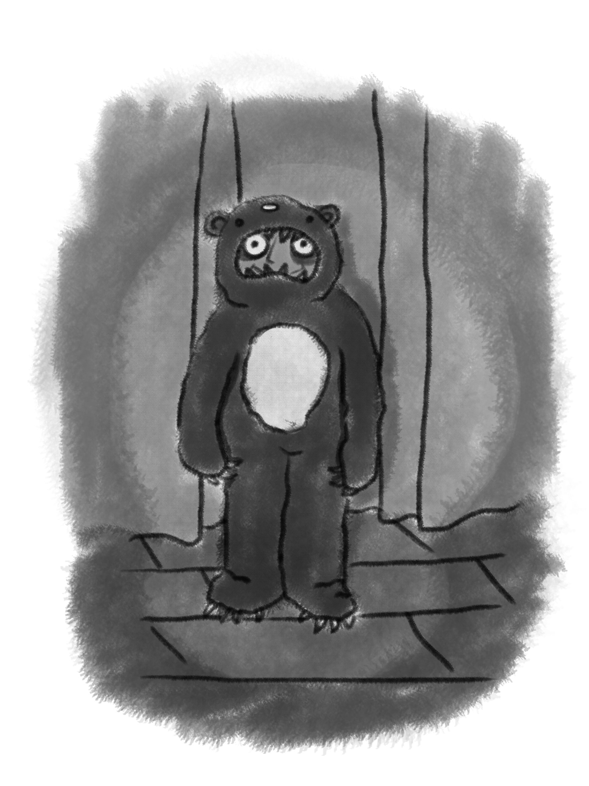 A zombie in a bear costume, on stage.